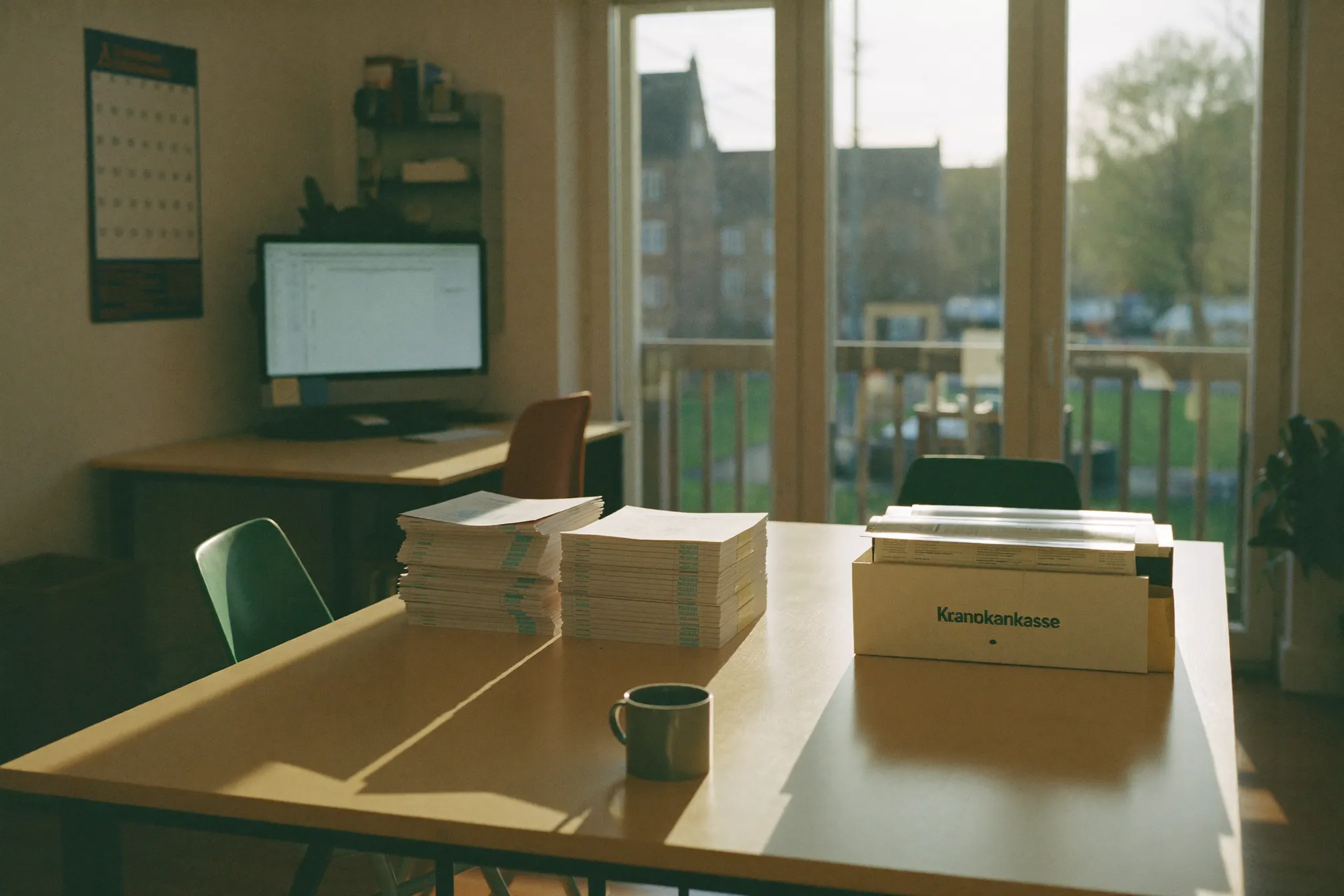 Ruhiger Bürotisch mit Stapeln von Abrechnungsformularen, einem Monitor im Hintergrund und einem Fenster mit Blick auf einen deutschen Innenhof am späten Nachmittag
